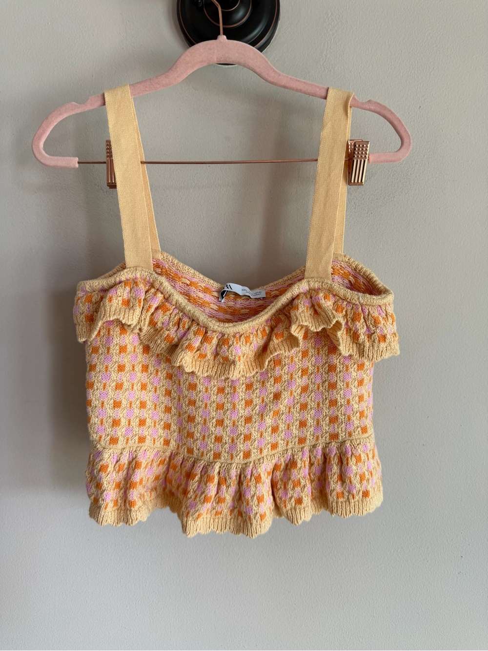 Yellow Pink Check Knit Ruffle Tank Top XS Zara